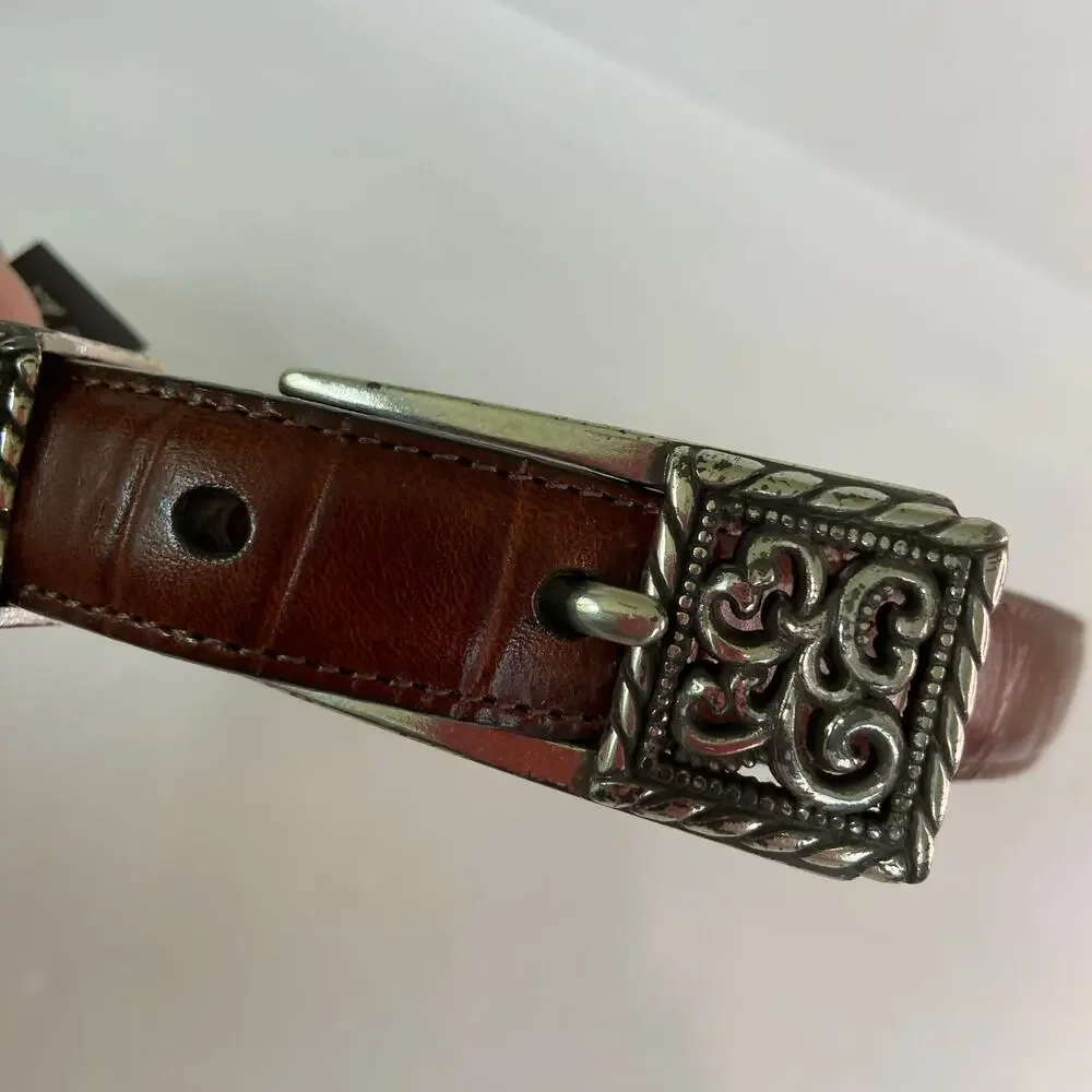 Brighton Leather Belt Womens Size Small‎ 28 Brown Embossed Silver Tone Hardware